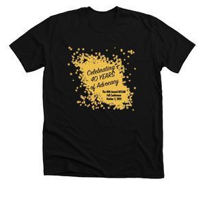 Celebrating 40 Years of Advocacy with gold stars on black shirt