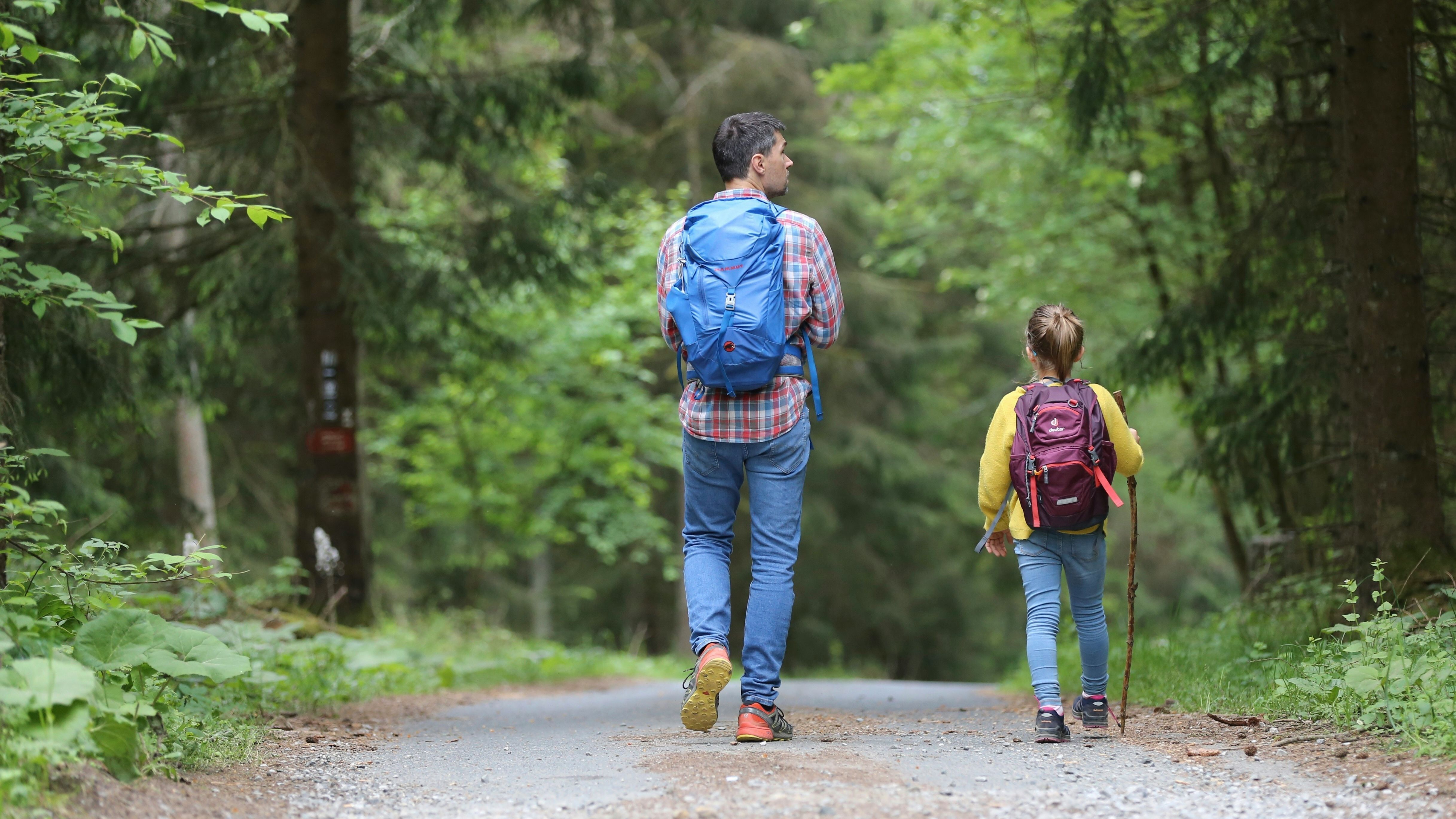 Father and daughter hiking together through forest with backpacks