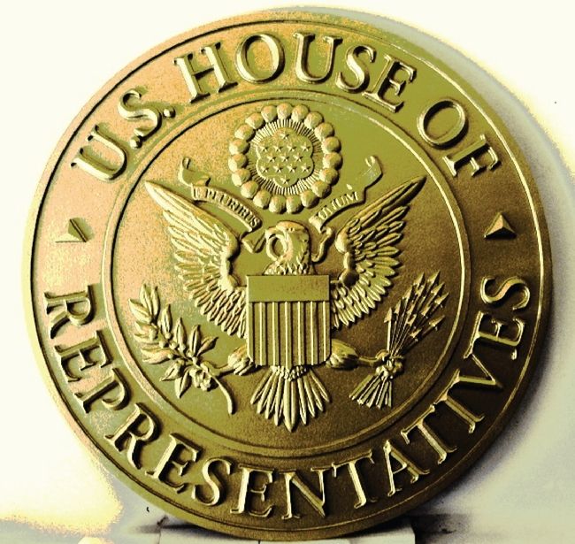 U30114 - Carved 3-D HDU  Antique Brass Wall Plaque of the Seal of the US House of Representatives