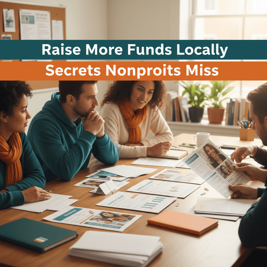 A group of nonprofit team members sitting around a table reviewing printed brochures, flyers, and fundraising materials, discussing strategies to improve local fundraising efforts. Text overlay reads Raise More Funds Locally Secrets Nonprofits Miss.