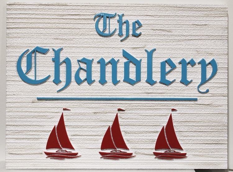 L21328 - Carved HDU Marine Store sign, "The Chandlery” , with  Three Sailboats as Artwork