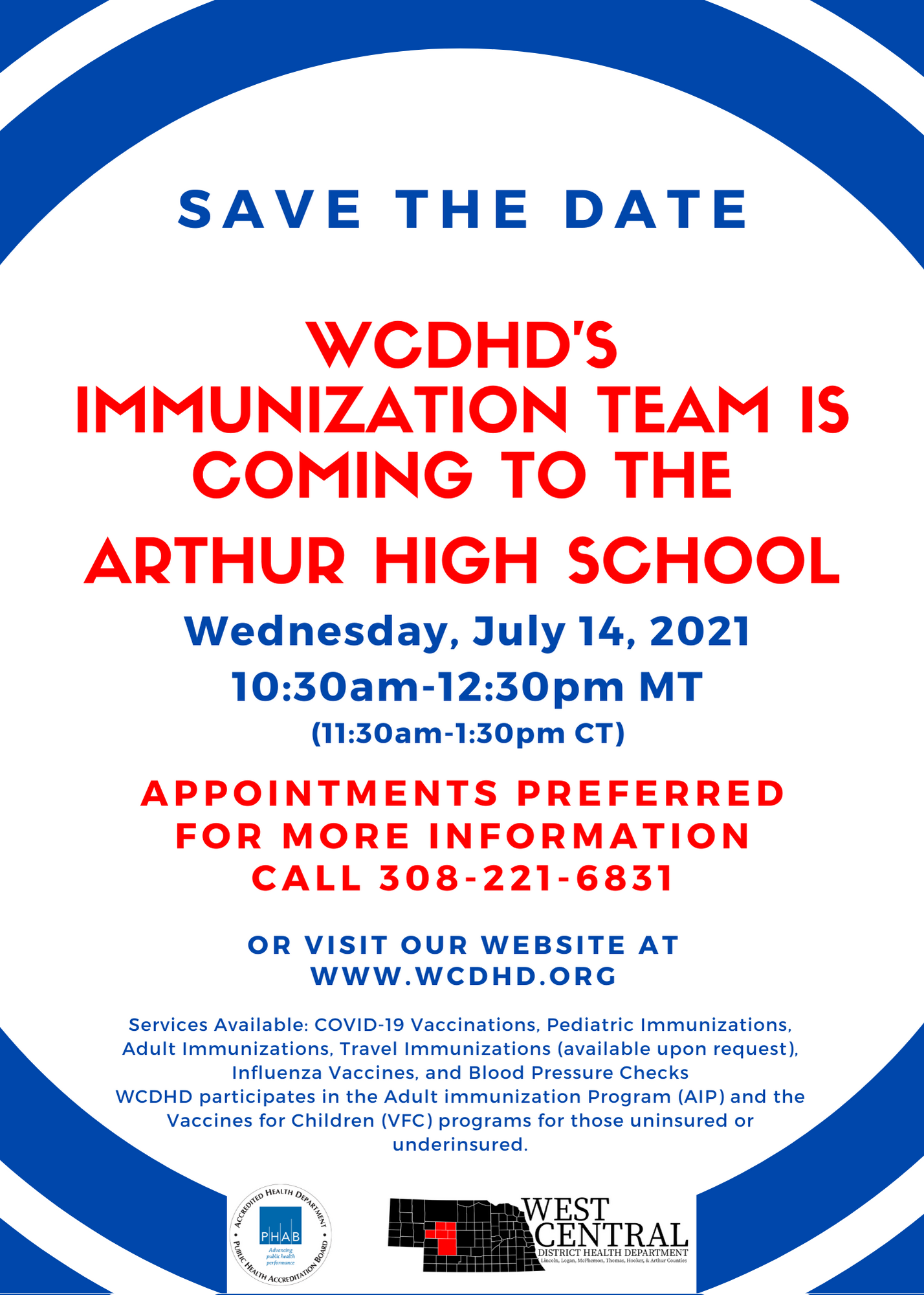 WCDHD's Immunization Team is coming to the Arthur High School