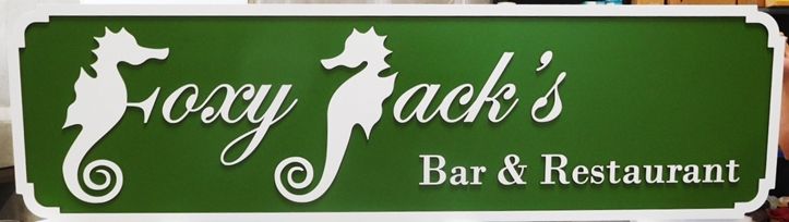 Q25131 - Carved  Sign for the "Foxy Jack's"  Bar & Seafood Restaurant, with Seahorse as Art 