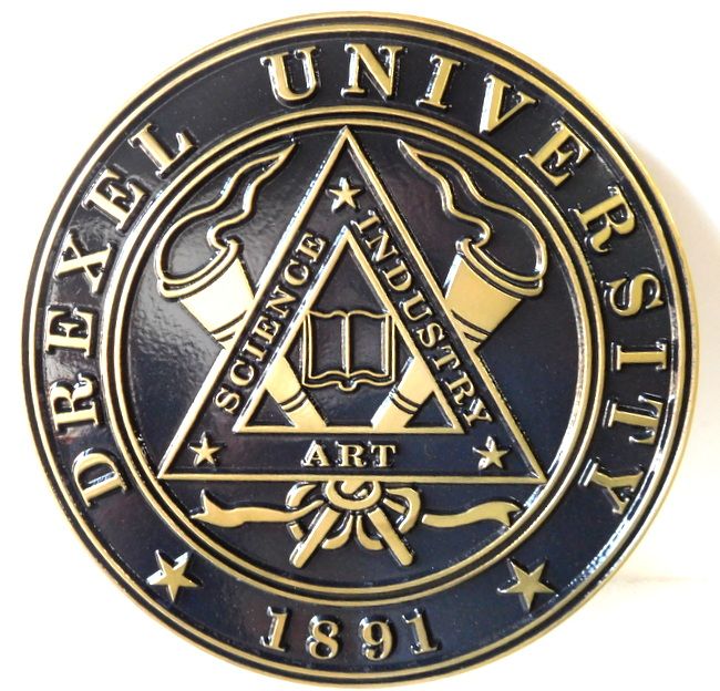 M7156 - Carved 2,5D Polished brass wall plaque for the Seal of Drexel University