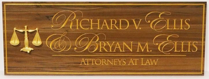 A10002A - Carved and Engraved Mahogany Law Firm Plaque, with 24K Gold Leafed-Text, Border and 3-D Scales of Justice