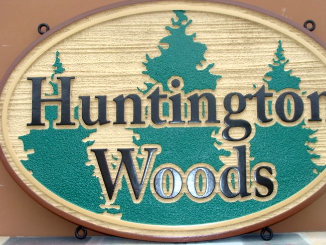 GA16541A - Carved Wood Look Sign for Huntington Woods with Carved Trees