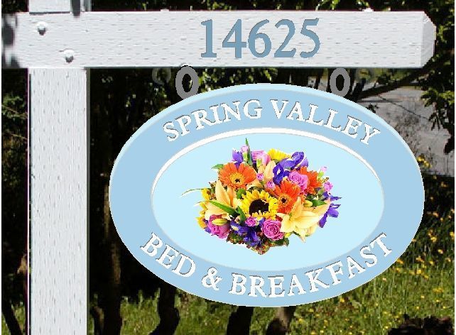 M4736 - Cedar Wood 4 " x 4" Post with a 4"x4" Horizontal Top Cross-beam Supporting a Hanging HDU sign for the Spring Valley Bed & Breakfast