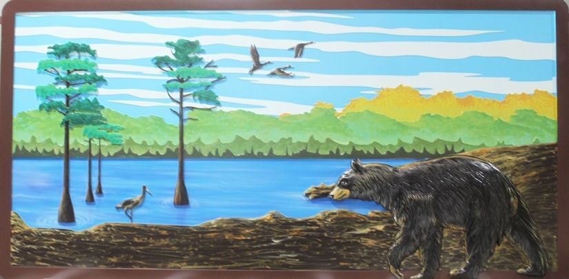 G16001 -  Carved HDU Entrance Sign  for the Theodore Roosevelt National Wildlife Refuge, 3-D Artist-Painted, with Grizzly Bear and Lake Scene.