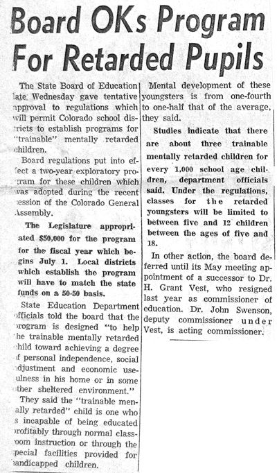 Colorado School Board OKs Program for R* Pupils (ca. 1960)