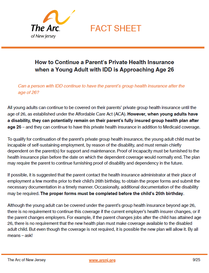 How to Continue a Parent's Private Health Insurance when a Young Adult with IDD is Approaching Age 26