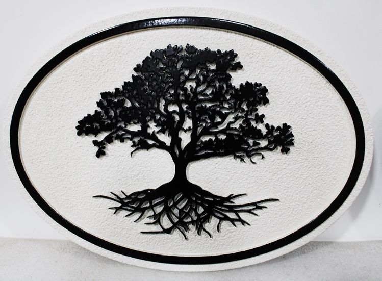 I18335A - Carved HDU Sign featuring the Silhouette of  Shade Tree and its Roots as Artwork