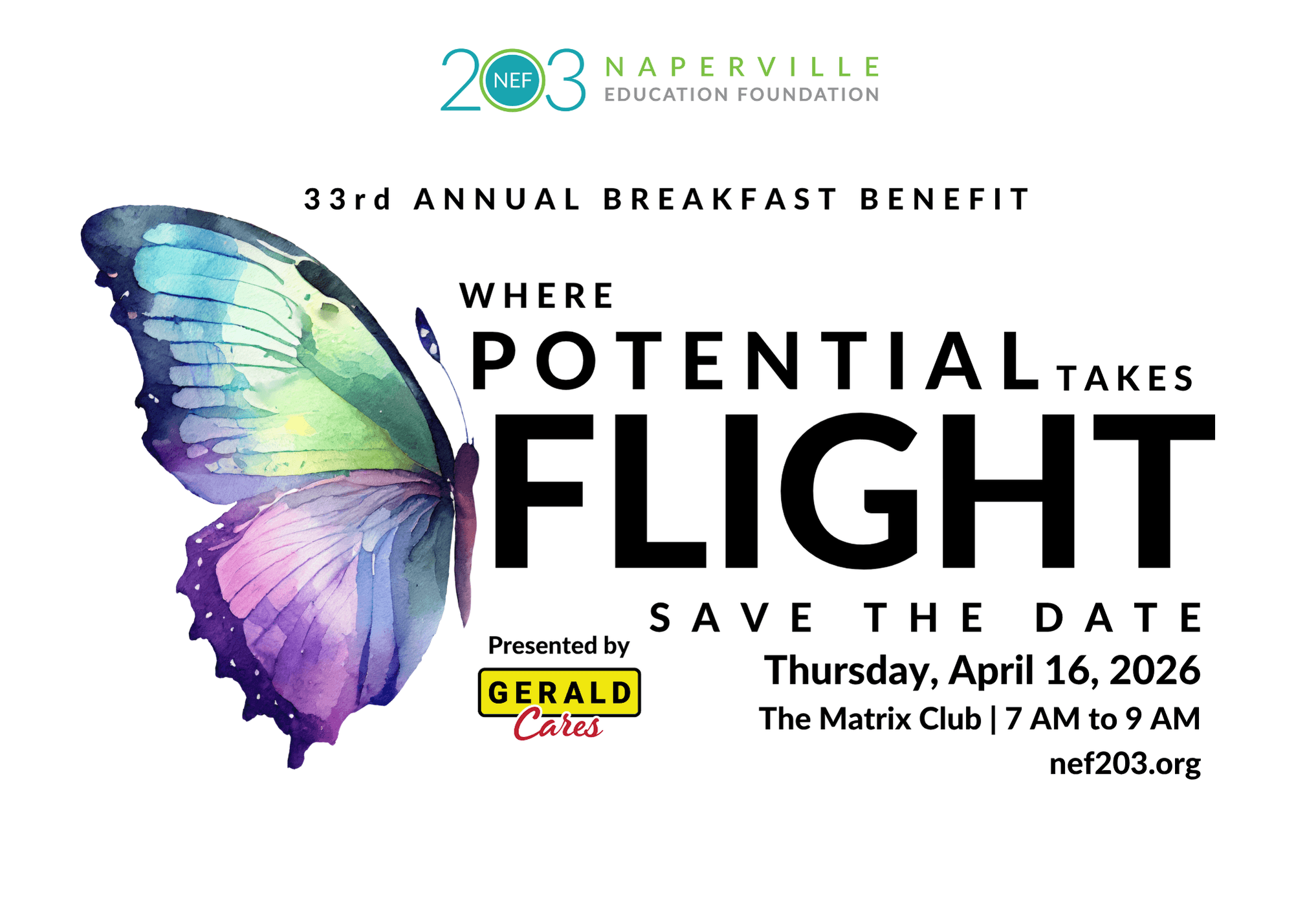 Image of a butterfly with text that reads "33rd Annual Breakfast Benefit Where Potential Takes Flight"