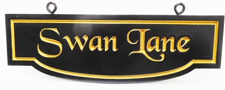 H17076 - Carved Engraved  HDU  Residential Community  Street Name Swan Lane, Hanging  Sign, with 24K Gold-Leaf Gilded Text and Border