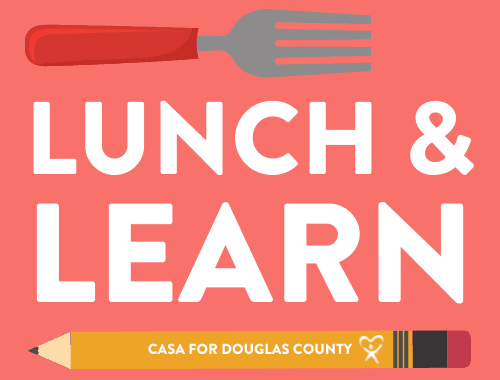 CASA lunch and learn logo; for and pencil with the words lunch and learn
