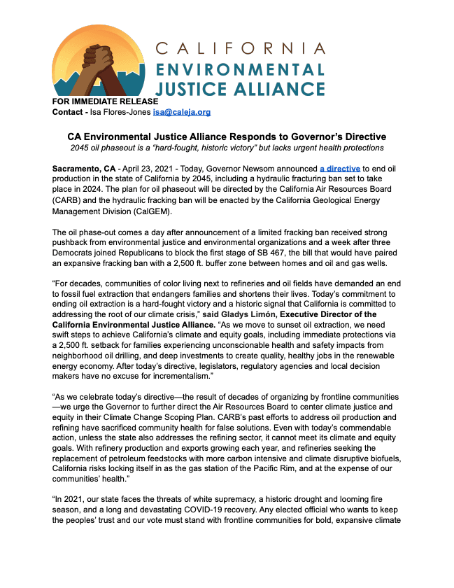 CA Environmental Justice Alliance Responds to Governor’s Directive