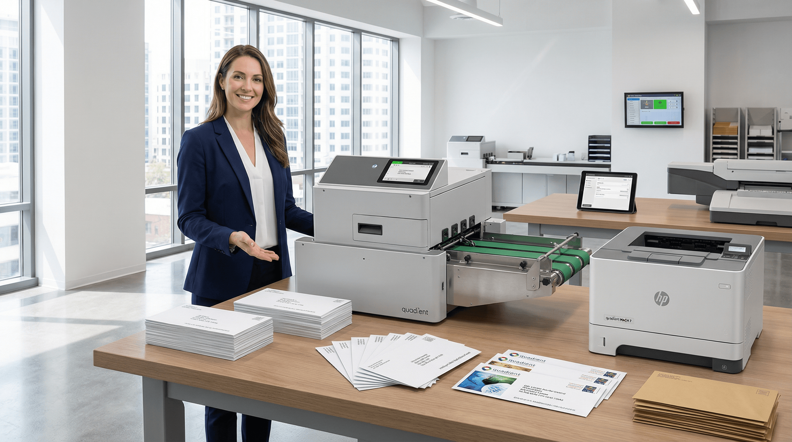 Professional businesswoman with Quadient MACH 7 address printers showing Intelligent Mail barcode printing capabilities - Mail Movers Salisbury MD