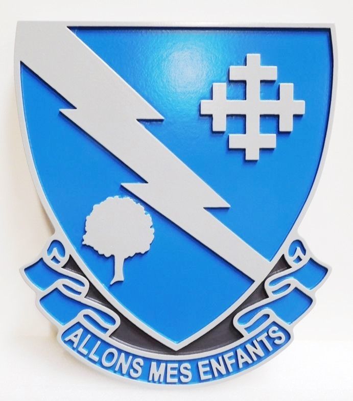 MP-2077 - Carved Plaque of the Crest of the US Army 310th Regiment  with Motto "Allons Mes Enfants" (Let's Go My Children), Artist-Painted