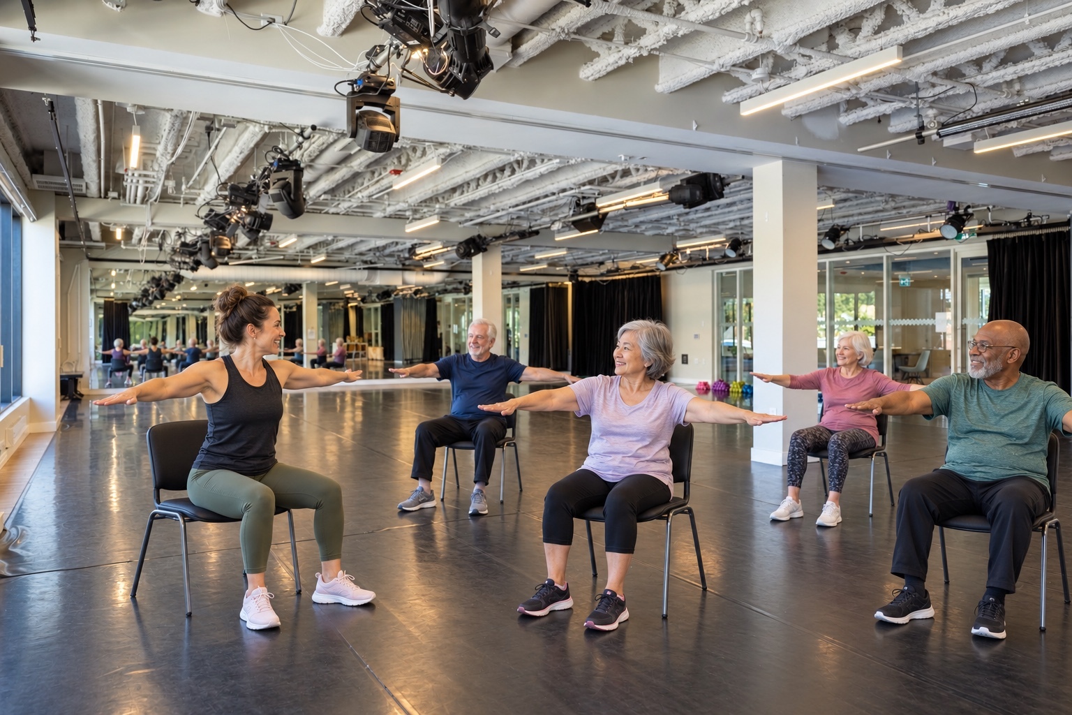 Illustration of older adults taking part in seated movement at Beaches Sandbox.