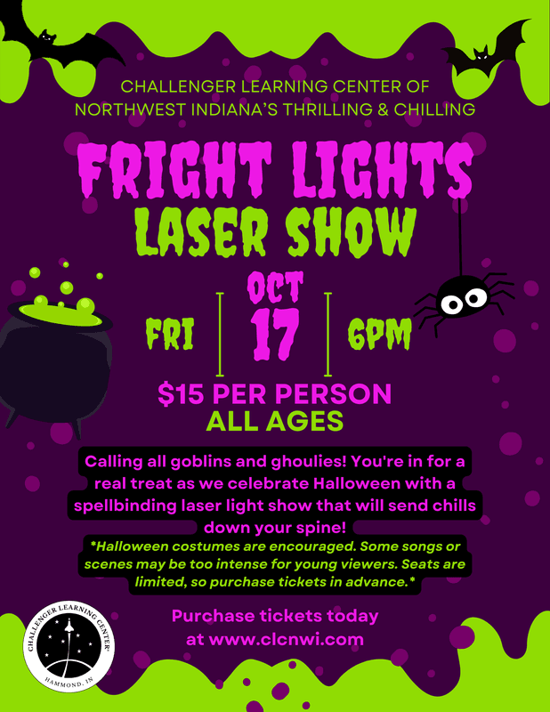 Flier for Fright Lights Halloween laser show on Friday, October 17th at 6 pm.