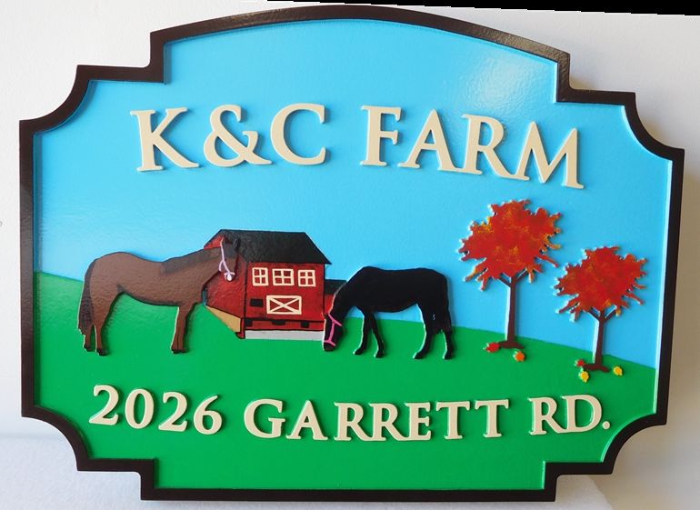 O24804 - Sign for  the "K & C" Farm  with Barn, Horses, Trees and Pasture as Artwork 