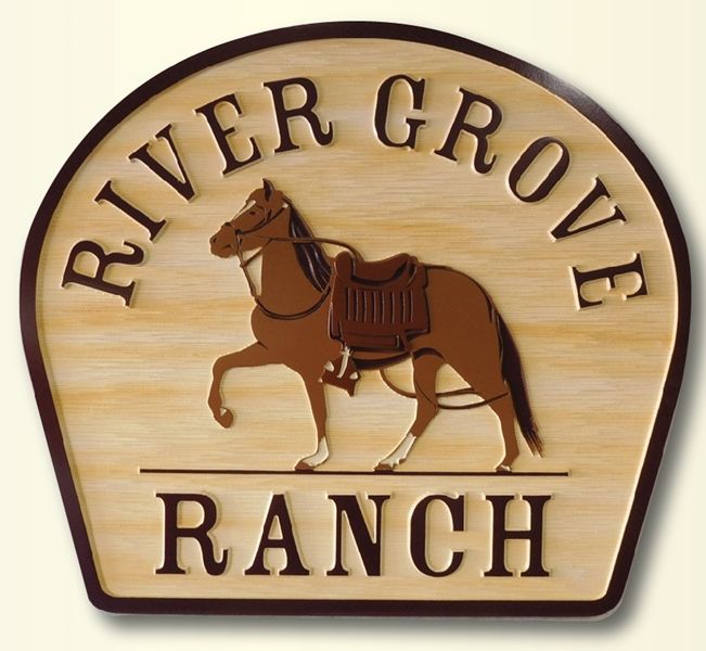 P25233 - Carved and Sandblasted HDU Sign for the  "River Grove Ranch" with   a Horse with Tack as Artwork