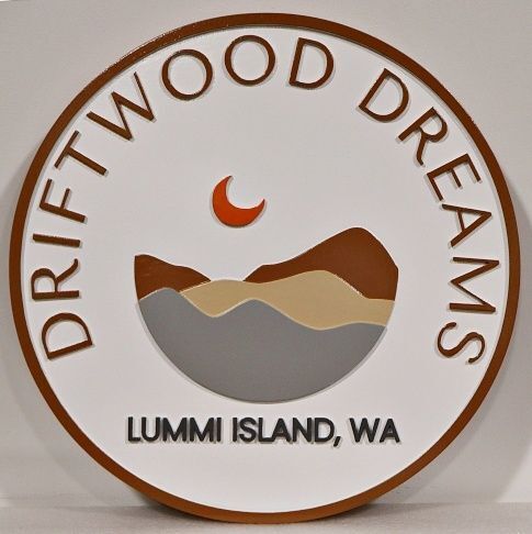 L21056A - Carved and Engraved HDU Sign "Driftwood Dreams Lummi Island, WA" with Ocean and Moon