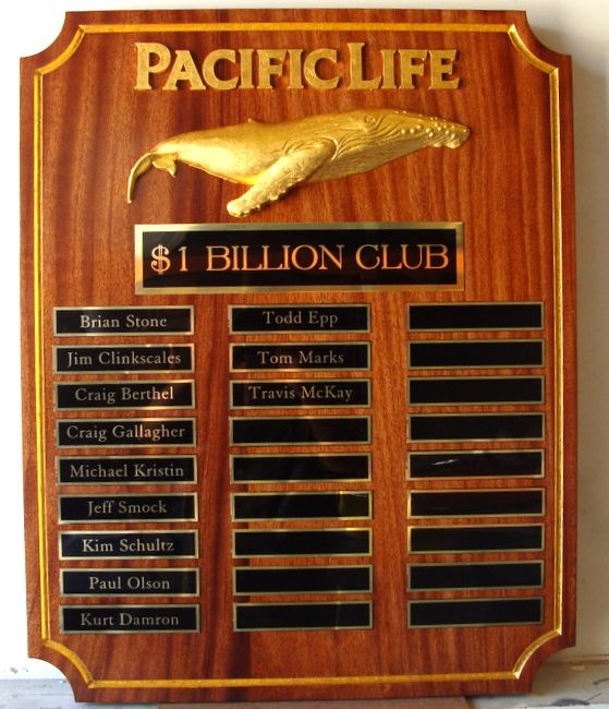 C12600 - Carved Mahogany Wood Plaque for Members of the $1B Sales Club, "Pacific Life Insurance Company" 