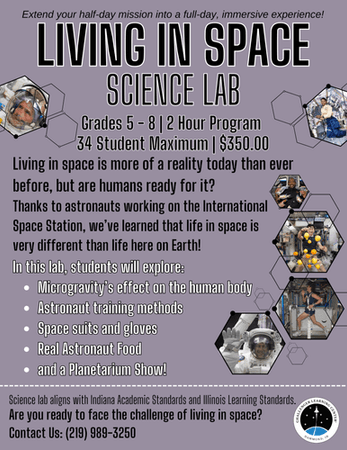 Living in Space science lab flier explaining what all is included in the science lab