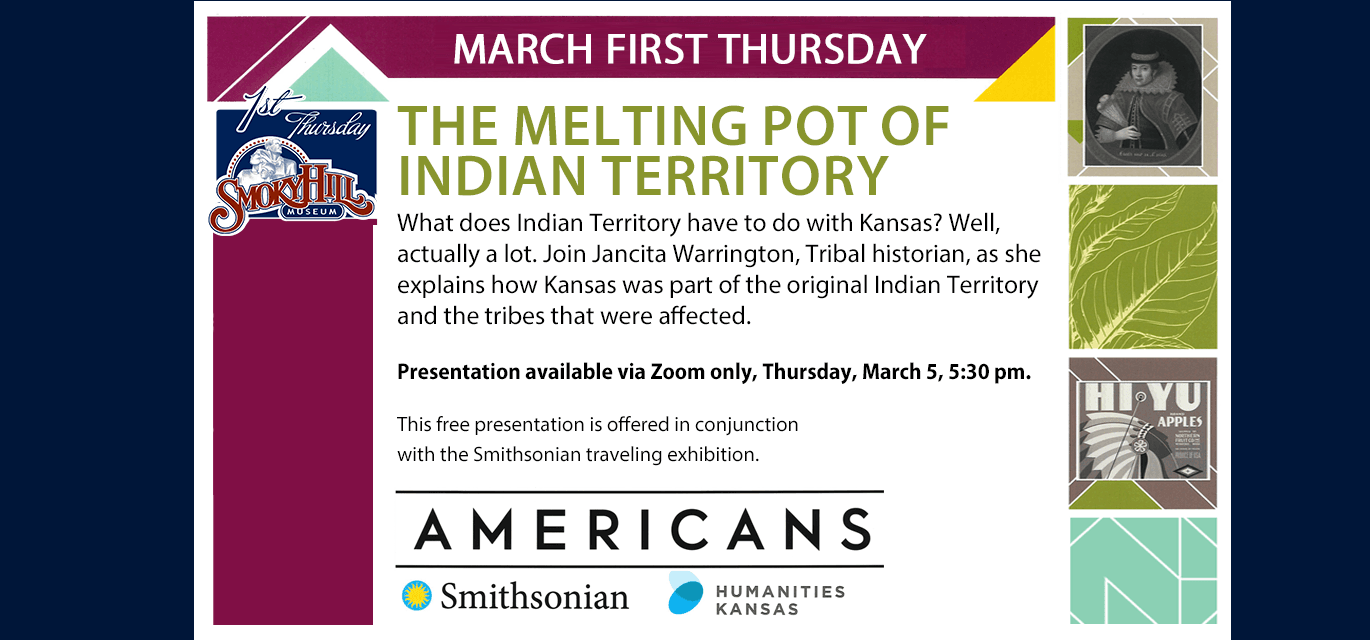 description of March First Thursday program with colorful geometric frame.