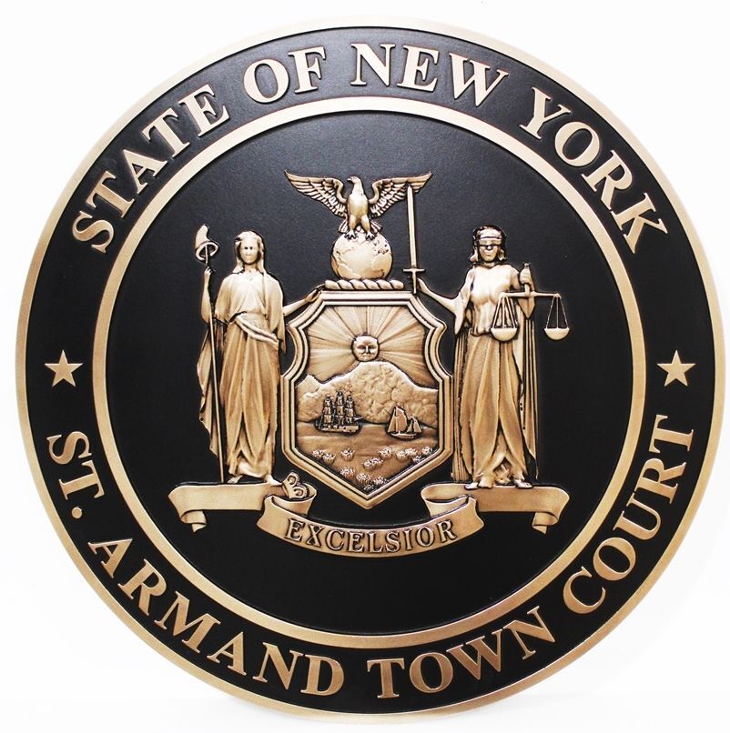 BP-1385 - Carved 3-D Bas-Relief Broze-Plated HDU Plaque of the Seal of St. Armand Town Court with Artwork of the Great Seal of the State of New York