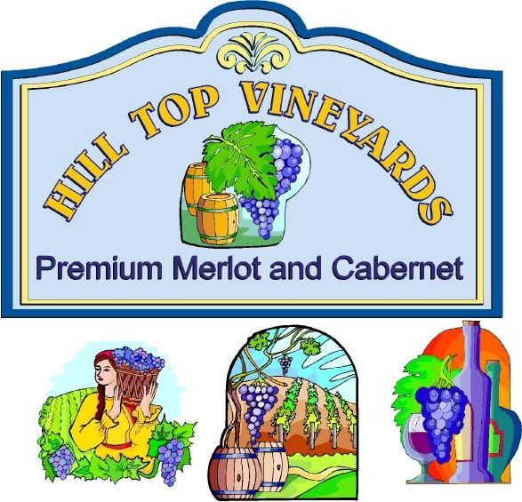R27161 - Large Carved Wineyard Sign, with Full-Color Detailed Vineyard Scenes