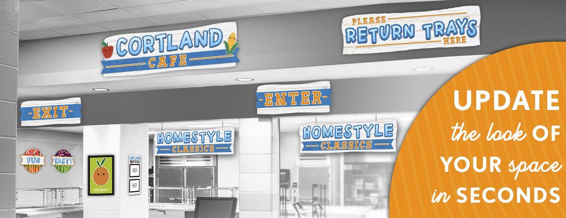 Cafeteria signs with a wood and metal look, custom signs, menu boards