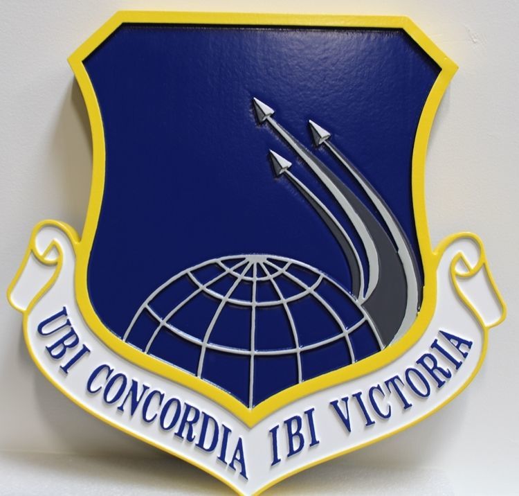 LP-6010 - Carved 2.5-D Multi-Level Raised Relief HDU Plaque of the Crest of a  Missile Squadron of the USAF, "Ubi Concordia Ibi Victoria"