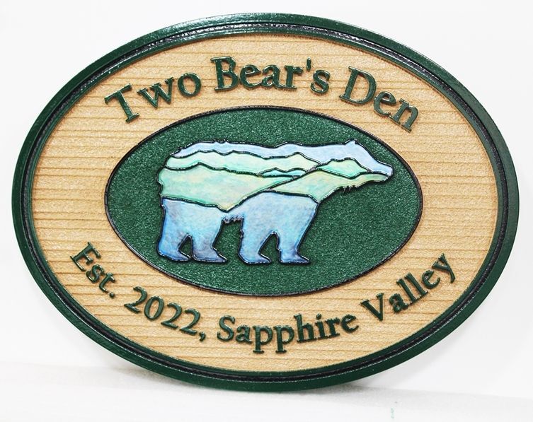 M22894 - Carved 2.5-D  HDU Address and Property Name Sign "Two Bear's Den"
