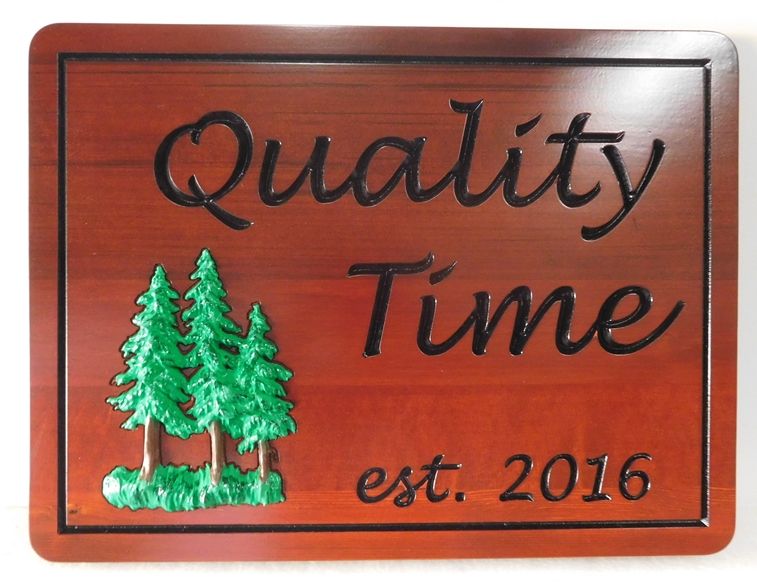 M22107 - Engraved  Western Red Cedar Cabin Sign with 3-D Carved Fir Trees as Artwork