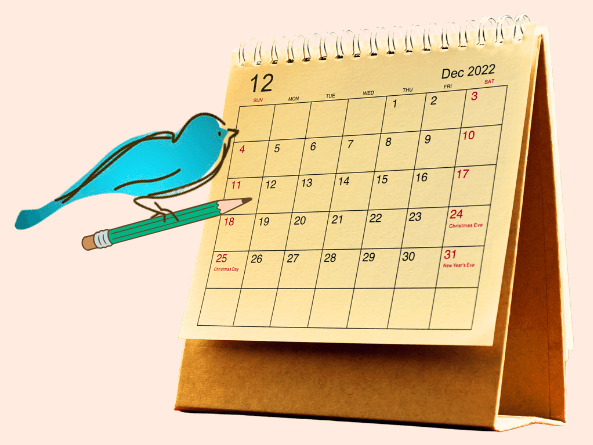 bluebird with pencil looks over calendar