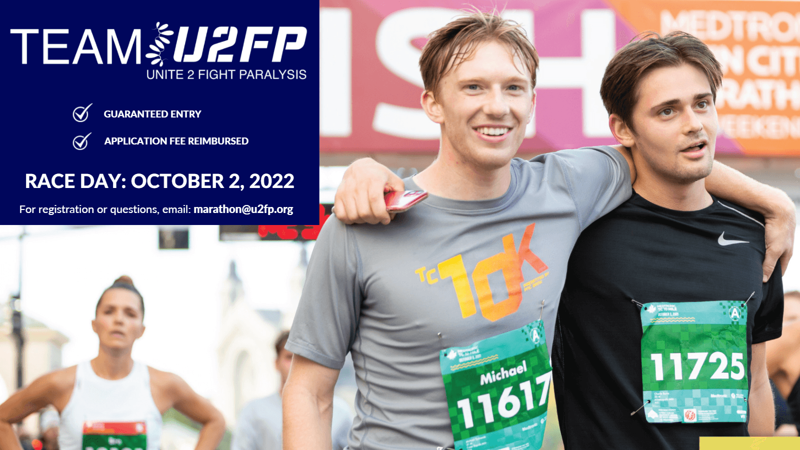 Marathon runner hugging his friend with Team u2FP logo in upper left of image