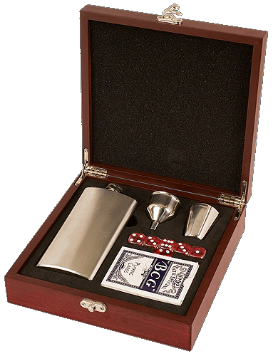 Rosewood Finish Flask & Cards Gift Set