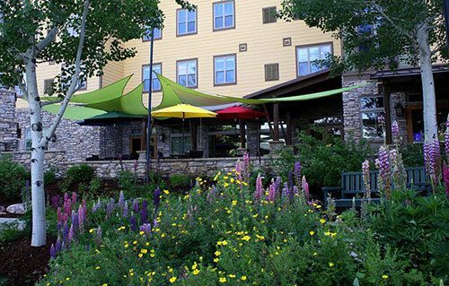 Outdoor garden with colorful canopies and flowers in front of a building.