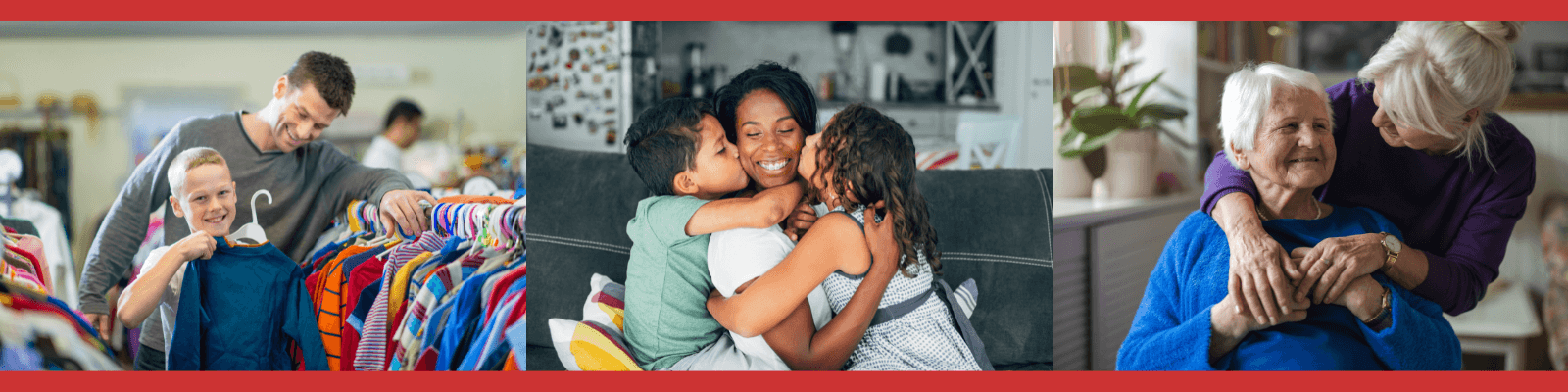 Images of community you can help as a monthly donor. Families, elderly, homeless and more