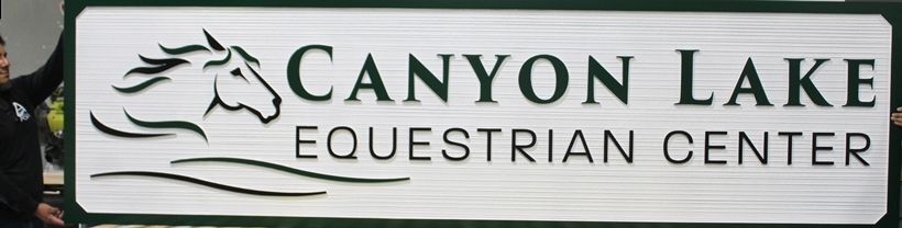 P25030 - Carved 2.5-D and Sandblasted Wood Grain HDU Entrance Sign for the "Canyon Lake Equestrian Center", with Horse's Head as Artwork