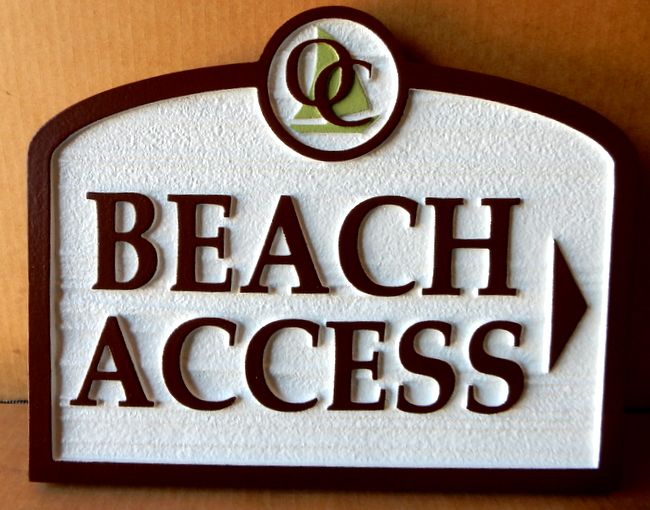 L22175 - Attractive Sandblasted HDU Sign for Beach Access, with Carved Sailboat as Logo Art