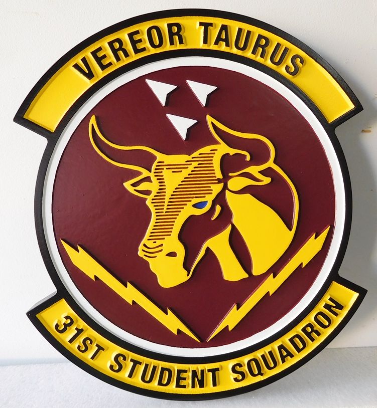 LP-5080 - Carved Round  Plaque of the Crest of the 31st Student  Squadron, "Vereor Taurus", Artist Painted