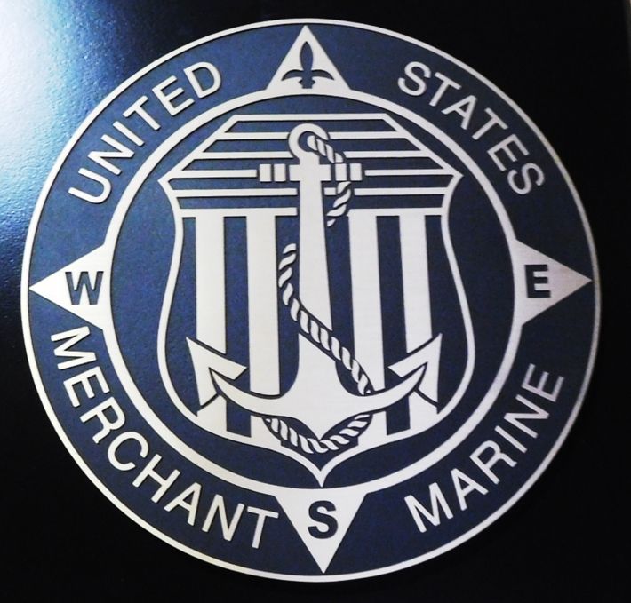 NP-2332 - Carved Plaque of the Seal of the US Merchant Marine, 2.5D Painted with Metallic Silver and Navy Blue