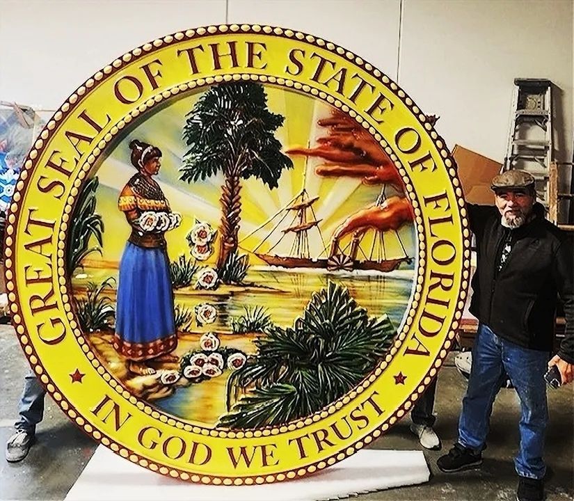 TA1010 -  10 ft diameter wall plaque of the State of Florida's Great Seal,  carved in 3-D bas-relief