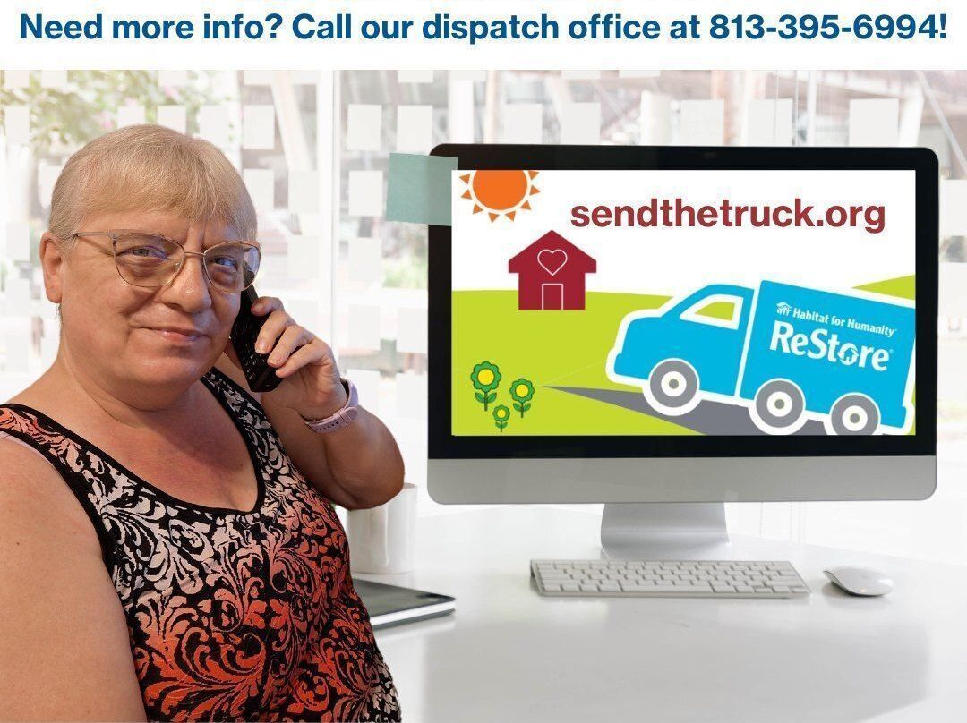 Habitat for Humanity ReStore staff member taking donation pickup calls, with sendthetruck.org website on screen promoting free large item pickups and cleanout services in Zehyrhills Pasco County