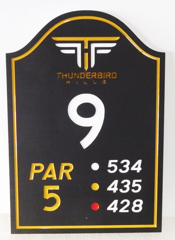 E14373- Carved Tee Sign for Hole 12 of the Thunderbird Hills Country Club, Engraved HDU with Club Logo