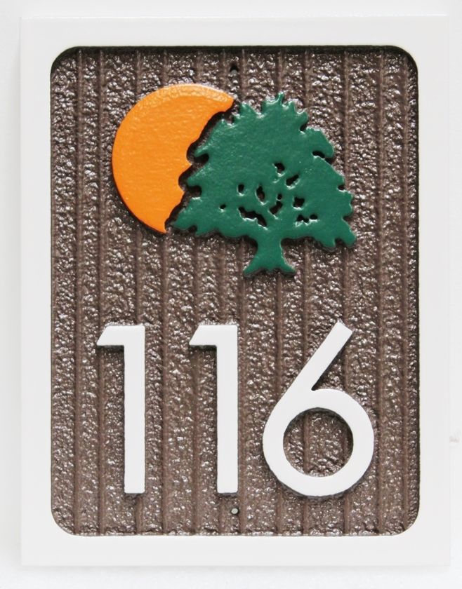 KA20873 - Carved and Sandblasted High-Density-Urethane (HDU) Unit Number Sign, with A Tree and Setting Sun Logo as Artwork