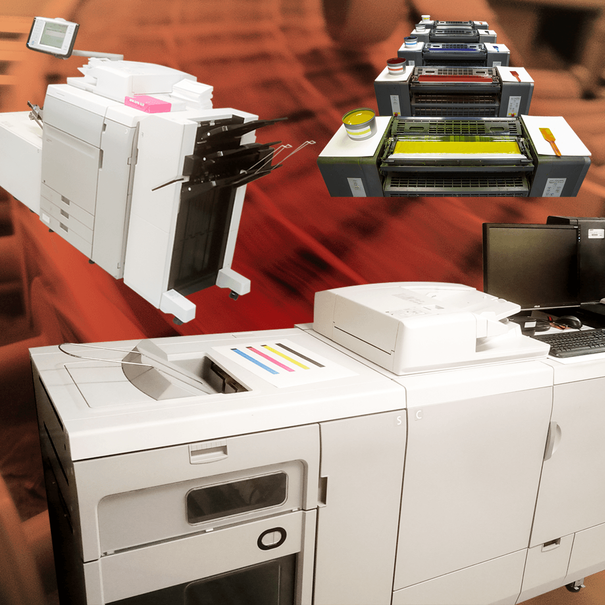 Offset printing press from above, CMYK inks, four-color process