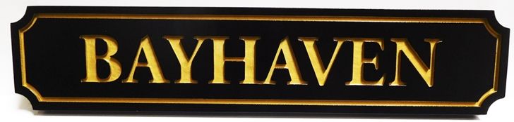 L21897 - Engraved Quarterboard sign "Bayhaven" for a Coastal Residence, with 24K Gold Leaf Gilded Text and Border